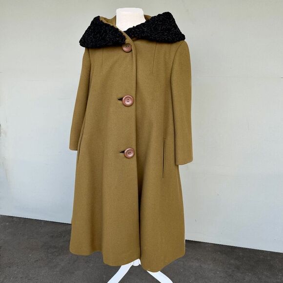 1950s Versailles Olive Wool Swing Coat Persian Lamb Fur Collar Union Made Canada - Picture 1 of 13